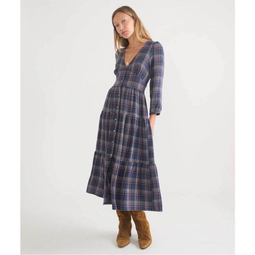 Marine Layer Maeve Long Sleeve Maxi Dress in Navy Plaid Size XS